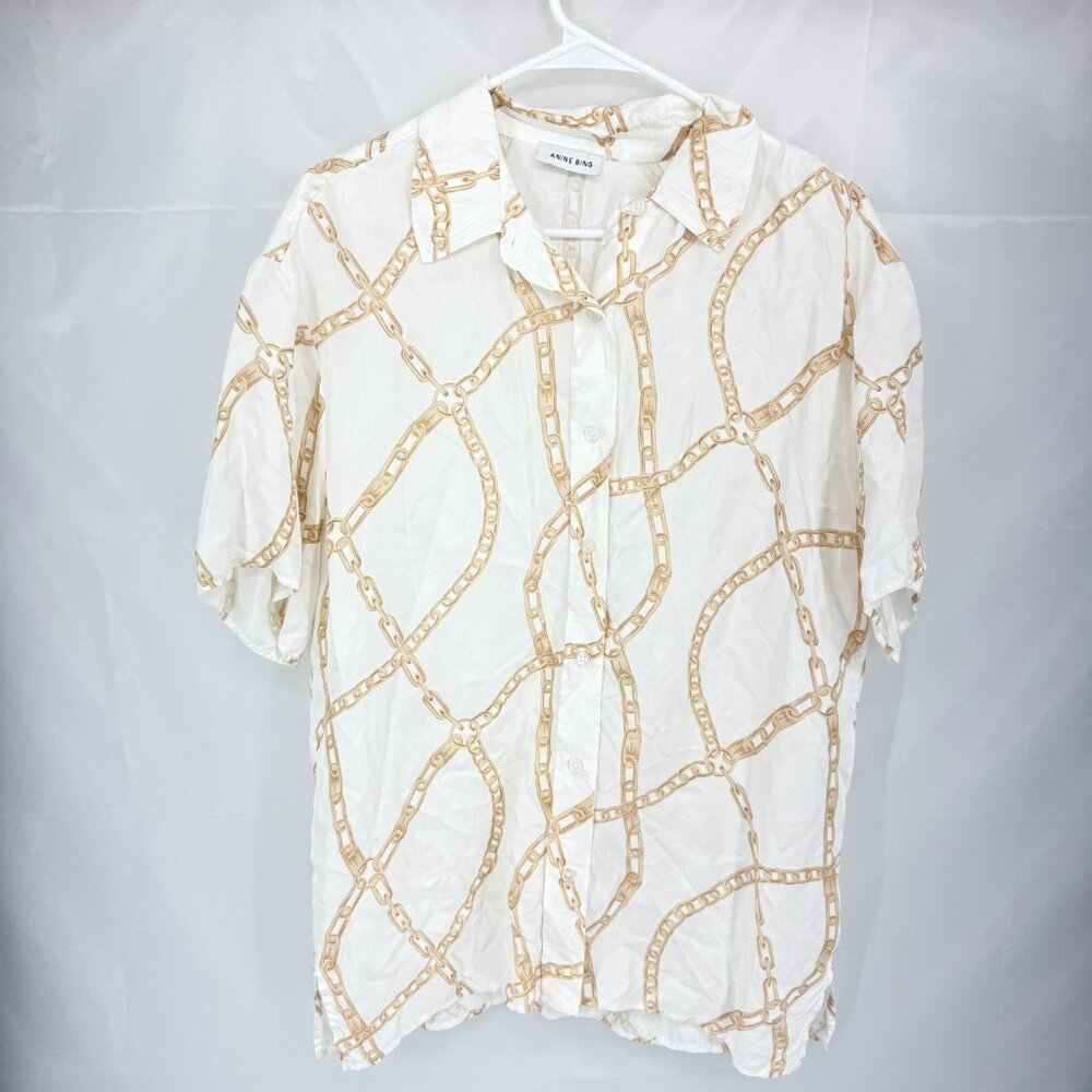 Anine Bing Women S Valo Shirt Chainlink Rope Oversized Short Sleeve White Button